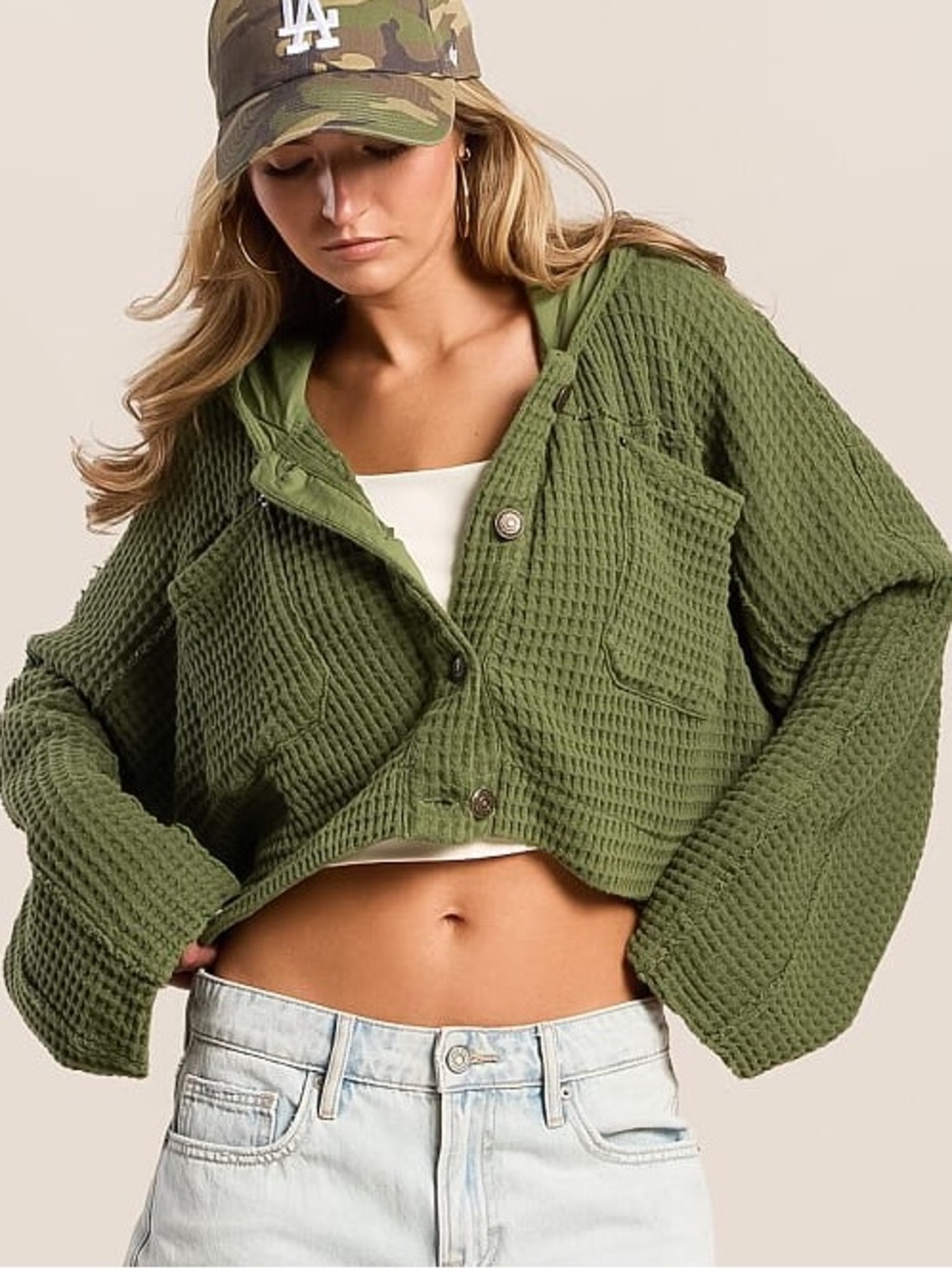 Free People We The Free Lolli Cropped Swing Hooded Cardigan Poisonous Green NWT